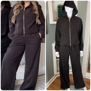 Zara Dark Brown Microfiber Hooded Tracksuit Lounge Jogging Suit Wide Leg Pants S